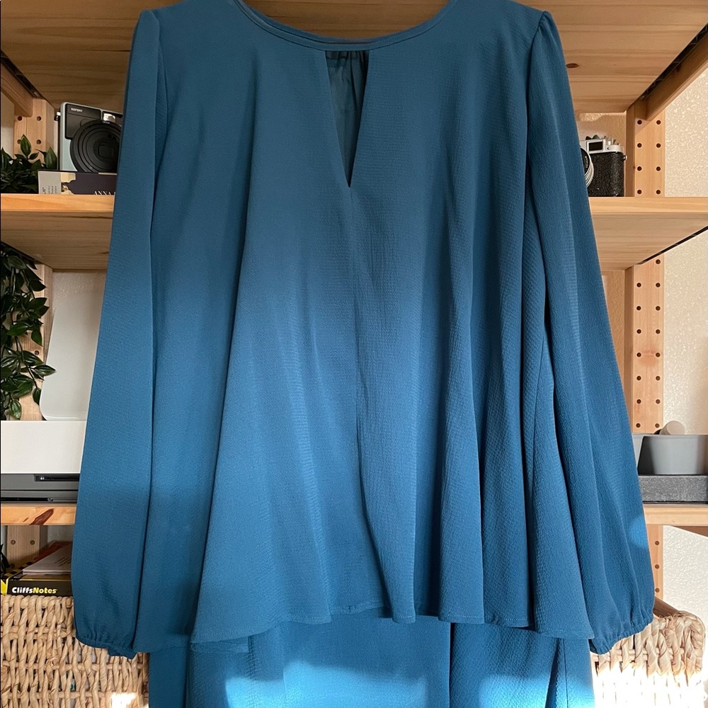 Blue Chiffon Flowy Long Sleeved Dress